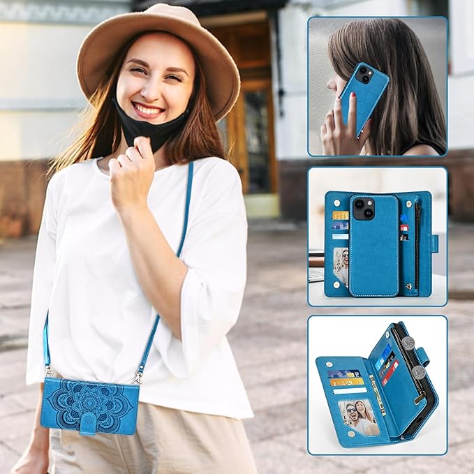 Asuwish Phone Case for iPhone 14 6.1 inch Zipper Wallet Detachable Cell Cover with Tempered Glass Screen Protector Crossbody Strap Flower Card Holder iPhone14 5G i i-Phone i14 14Case Women Girls Blue
