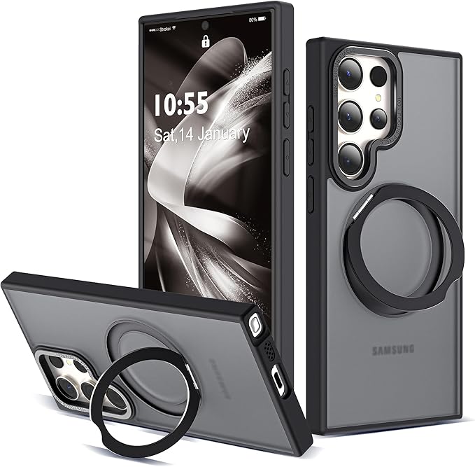 Compatible with Samsung Galaxy S24 Ultra Case with 360Rotatable Magnetic Ring Stand Compatible with Mag-Safe Military Protection Matte Translucent Phone Cases for S24 Ultra 6.8",Black