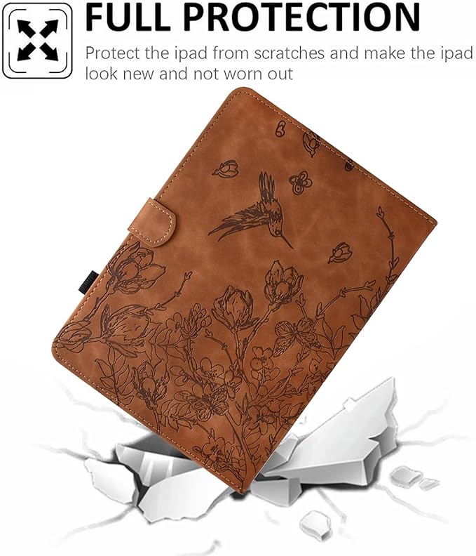 KEROM Case for Samsung Galaxy Tab A9+ Plus 11 Inch 2024 2023 (SM-X210/X216/X218), Embossed Suede Leather Folio Stand Cover with Auto Wake/Sleep & Card Slot & Pen Holder - Brown Bird Flower Embossing