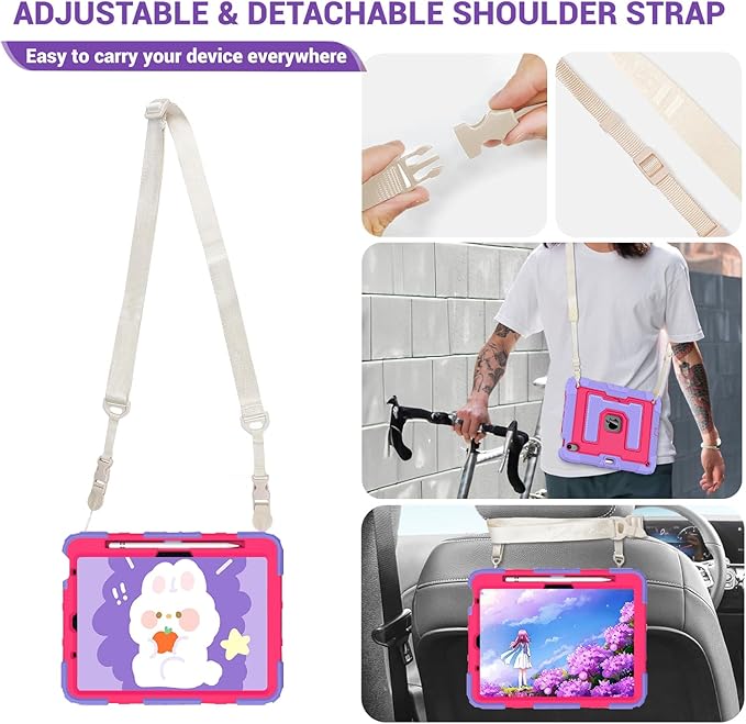 DreamerX for iPad Air 11 Inch Case M3(2025) / M2(2024), iPad Air 5th Generation 2022/Air 4th Gen 2020 10.9 Inch Cute Silicone Drop Protective Cover w/Pencil Holder Stand Carrying Strap for Kids, Rose