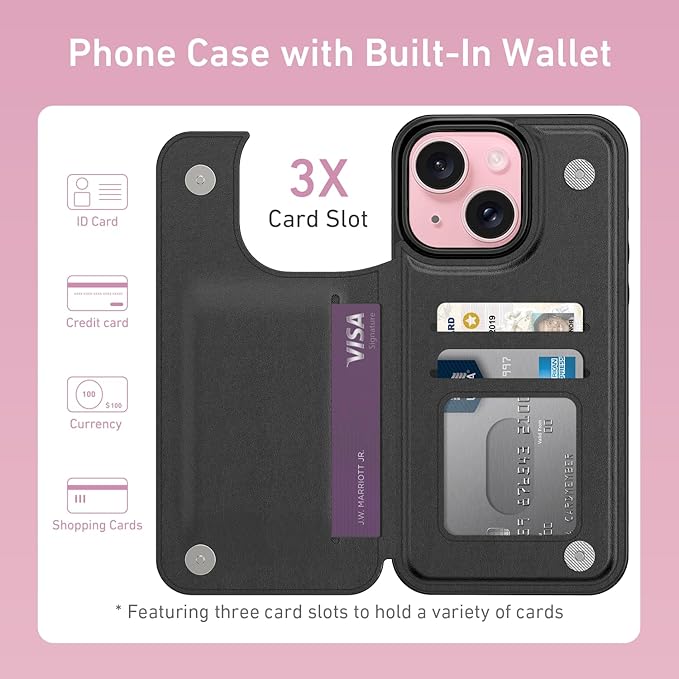 FUNMIKO for iPhone 15 Wallet Case with Card Holder, RFID-Blocking, Military-Grade Protection & UV-Printed Artwork, Magnetic Closure with Leather Kickstand - Black