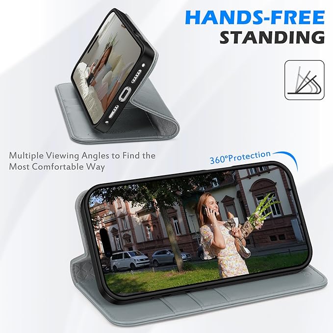 SHIELDON Wallet Case for iPhone 17 6.3-inch 5G 2025 | Genuine Leather, Flip, Magnetic Closure, RFID Blocking 3 Card Holder, Kickstand, Full Protection, Shockproof Soft TPU Cover - Gray