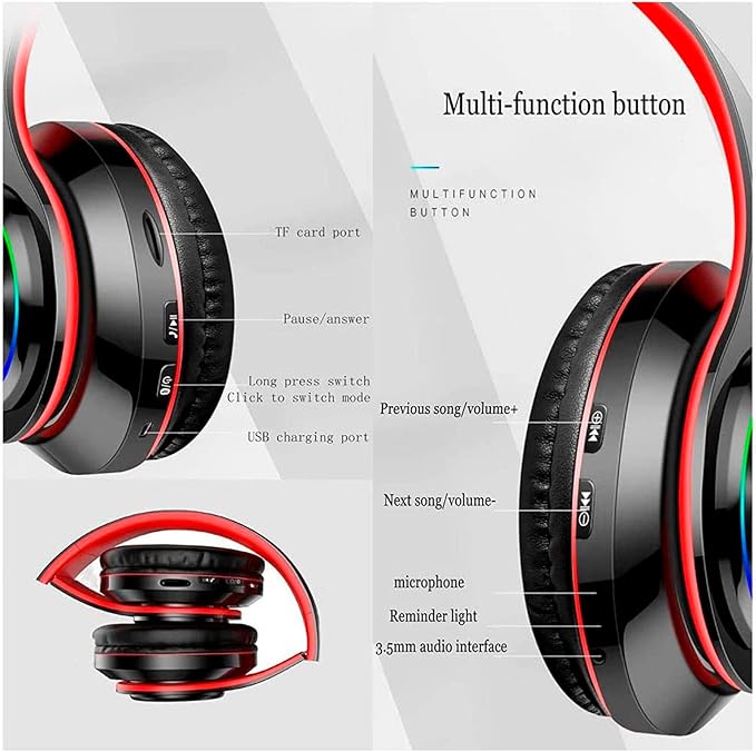 Kids Bluetooth Over Ear Headphones, Colorful LED Lights Headphones with Built-in Mic, Bluetooth 5.0, Wired and Wireless Foldable Stereo Headphones for Classroom/Home Office/Tablet/Airplane(Black)