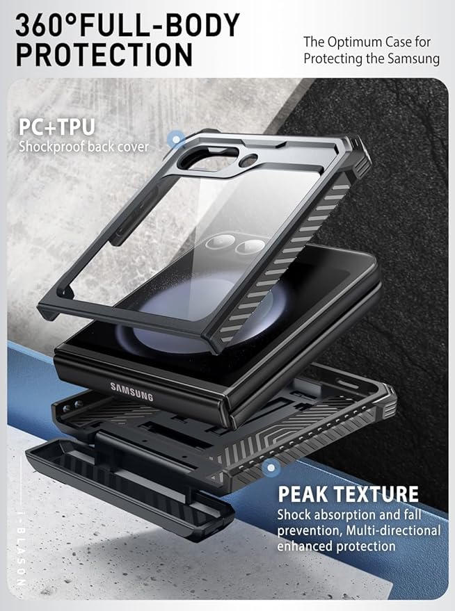 i-Blason for Samsung Galaxy Z Flip 7 FE Case, Z Flip6 Case with Stand, [Built-in Screen Protector] [Hinge Protection] [Belt-Clip], Military Phone Case for Samsung Z Flip 7 FE/6/5, Armorbox, Black