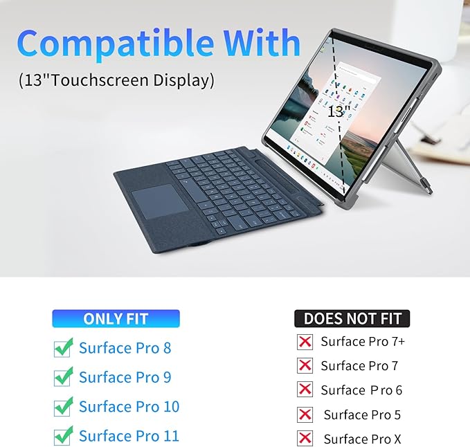Case fit Microsoft Surface Pro 11/10/9/8 13-Inch, with Stent Cover, Hand Strap, All-in-one Rugged Case Compatible with Type Cover Keyboards, Gray