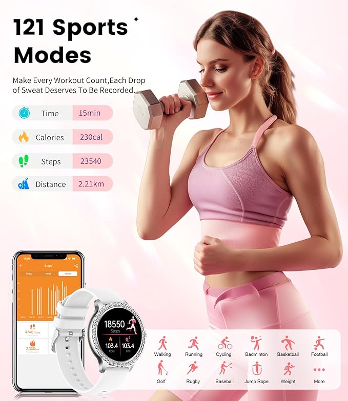 Smart Watches for Women,1.32" HD Fitness Tracker Watch with Answer/Make Call,AI Voice Control,Heart Rate/Calories/SpO2 Monitor 100+ Sport Modes Ladies Silver Smart Watch for Android iOS 2 Straps