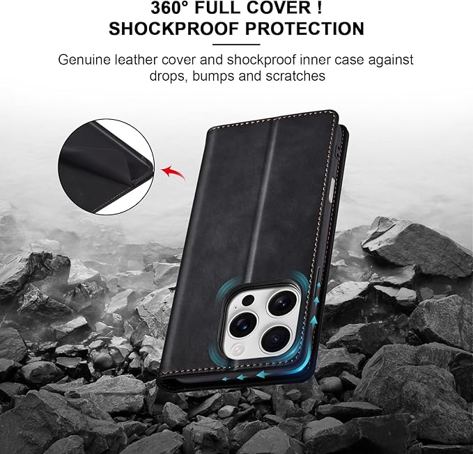 Jasonyu Flip Wallet Case for iPhone 16 Pro,Leather Magnetic Folio Cover with Card Holder,Kickstand - TPU Shockproof Durable Protective Phone Case,Black