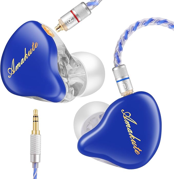 in Ear Monitor Headphones Dual Driver IEMs for Gaming, HiFi Wired Earbuds with 9.2mm+6mm Drivers, Detachable MMCX 4N Silver Cable, Noise-Isolating Ear Tips (Blue)