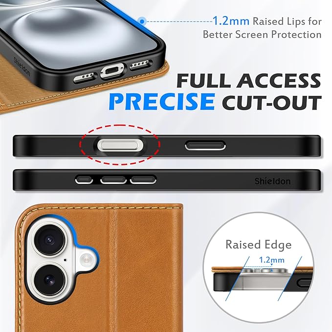 SHIELDON Case for iPhone 16 2024, Genuine Leather Magnetic Folio Wallet [RFID Blocking Credit Card Slots] Kickstand Shockproof Soft Phone Holder Case Compatible with iPhone 16 6.1" - Oily Brown