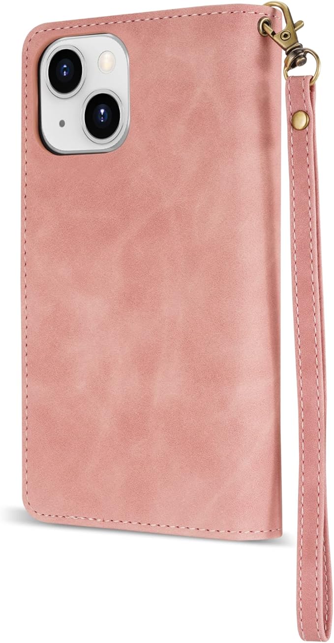 ZZXX for iPhone 14 Case Wallet with [RFID Blocking] Card Slot Premium Soft PU Leather Zipper Flip Folio with Wrist Strap Kickstand Protective Phone Cover for iPhone 14 Wallet Case(Pink-6.1 inch)