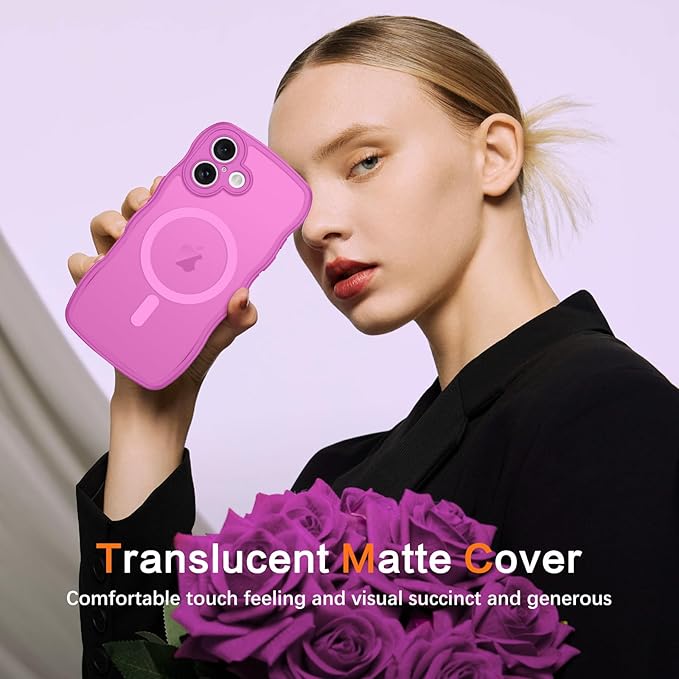 BENTOBEN for iPhone 16 Case Cute, Curly Wave iPhone16 Phone Case [Compatible with MagSafe], [Full Camera Protection] Slim Shockproof Translucent Matte 16 Magnetic Cover for Women Girls, Berry Pink