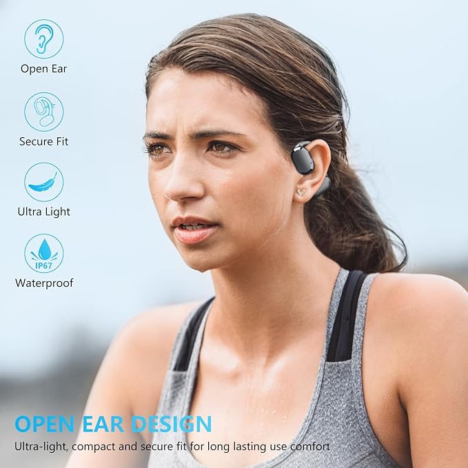 Open Ear Headphones Over Ear Buds, IP67 Waterproof True Wiress Earbuds with Dual DSP Noise Cancelling Mic for Work Sports, Advanced Bluetooth V5.4