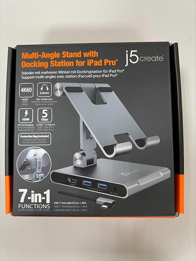 j5create Adjustable Tablet Stand with USB Type C Docking Station for iPad Pro/Air/mini : 4K60 HDMI, 2 x USB-A 5Gbps, 100W PD Charging, microSD/SD Card Reader, 3.5mm Audio Jack (JTS224)