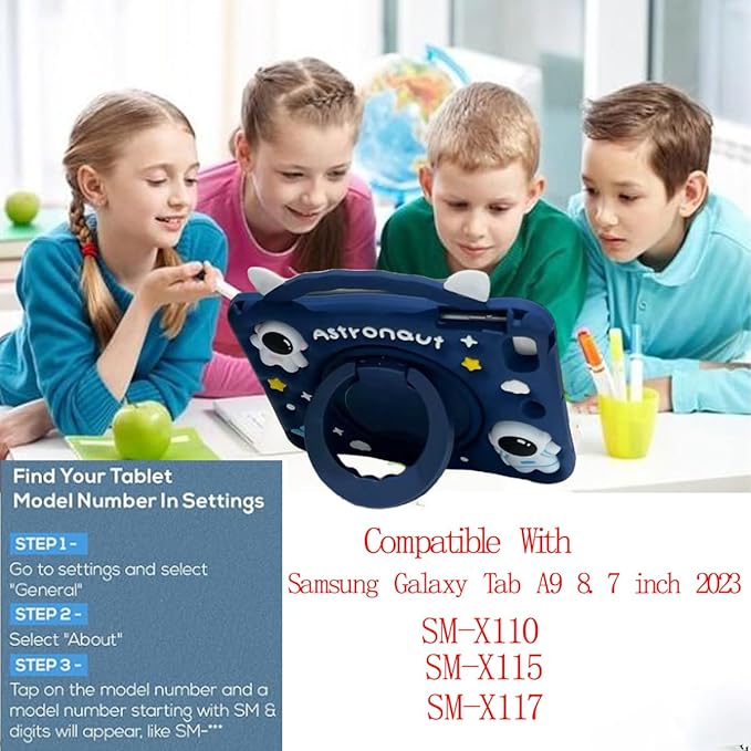 3D Cute Press Astronaut Case for Samsung Galaxy Tab A9 8.7 inch 2023 SM-X110/X115/X117,Kawaii Cartoon Character Space Soft Silicone Rotating Stand Case with Lanyard for Kids Teens Girls Women