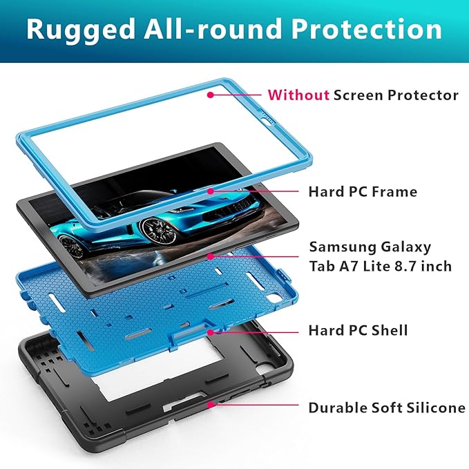 Portable Electronic Device Cover for Samsung Galaxy Tab A7 Lite 8.7 Inch 2021, Heavy Duty Rugged Shockproof Hybrid Tablet Case with Kickstand (Black/Blue, SM-T220/T225/T227U)