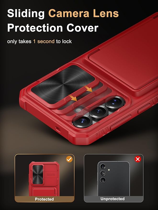 Vihibii for Samsung Galaxy S25+ Plus Wallet Case with Card Holder (4 Cards), [RFID Blocking] & Slide Camera Cover & Raised Edges Protect Screen, Shockproof Case for Galaxy S25+ Plus 6.7" 2025, Red