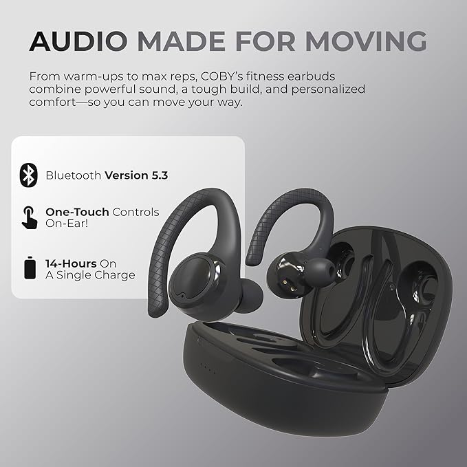 Coby True Wireless Bluetooth Earbuds, Interchangeable Ear Hooks and Tips, Multi-Sized Ear Gels, Sweat-Resistant Design, 14-Hour Play Time, Drop-Proof Case, Black