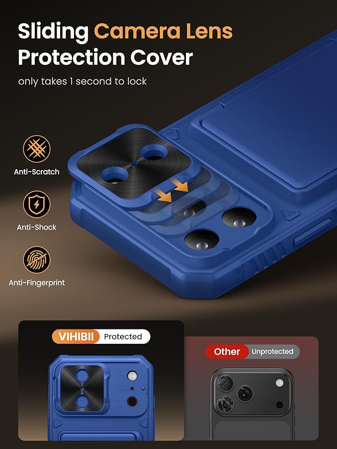 Vihibii for iPhone 17 Pro Max Case with Card Holder (4 Cards) [RFID Blocking] & Slide Camera Cover, Military Grade Drop Protection, Rugged Hard Back & Silicone Edge Wallet Phone Case 2025, Royal Blue