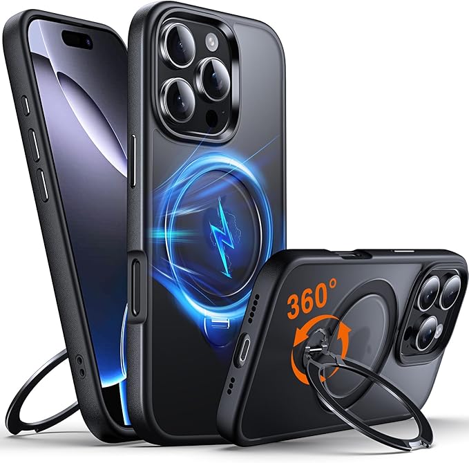 360° O-Ring MagStander for iPhone 16 Pro Case with Magnetic Kickstand Ring Holder [Compatible with MagSafe][360°Rotate Stand Ring][Military Shockproof] iPhone 16 Pro Phone Cover Matte Black