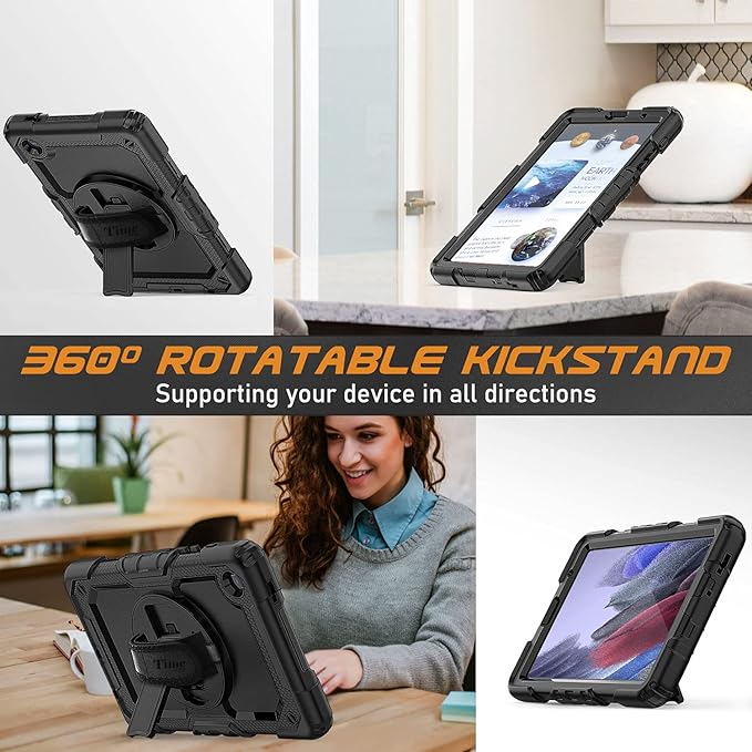 Timecity Case for Samsung Galaxy Tab A7 Lite 2021 8.7'' SM-T220/T225/T227 with Screen Protector, Heavy Duty Rugged Full-Body Protective Case with 360 Rotating Stand, Hand/Shoulder Strap Case, Black