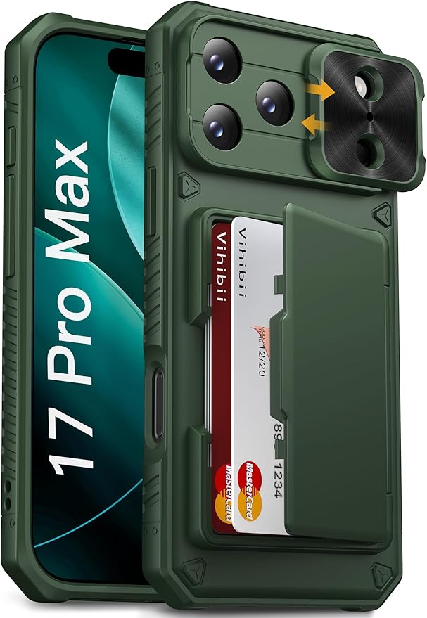 Vihibii for iPhone 17 Pro Max Case with Card Holder (4 Cards) [RFID Blocking] & Slide Lens Cover, Military Grade Drop Protection, Rugged Hard Back & Silicone Edge Wallet Phone Case 6.9" 5G 2025, Green