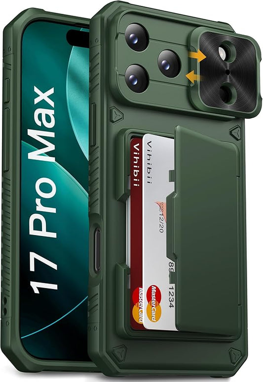 Vihibii for iPhone 17 Pro Max Case with Card Holder (4 Cards) [RFID Blocking] & Slide Lens Cover, Military Grade Drop Protection, Rugged Hard Back & Silicone Edge Wallet Phone Case 6.9" 5G 2025, Green
