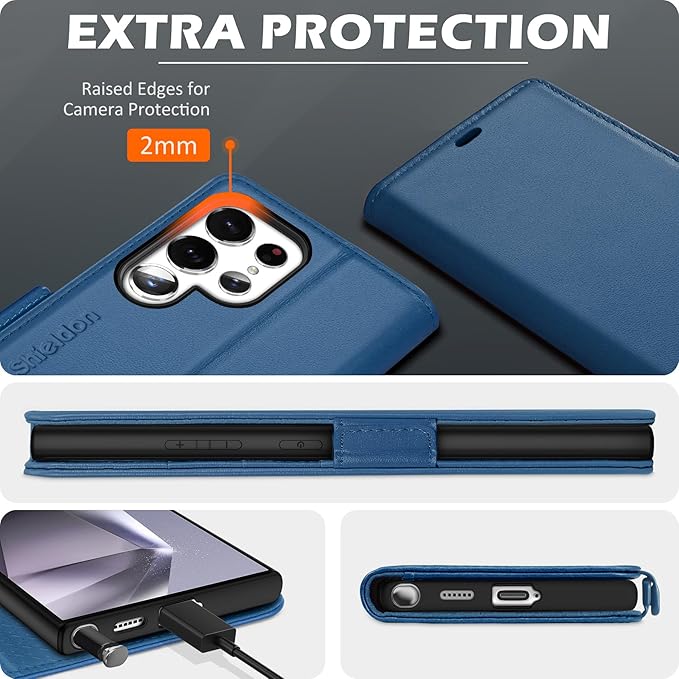 SHIELDON Case for Galaxy S25 Ultra 6.9" 5G, Genuine Leather Wallet Magnetic Case, RFID Blocking Card Holder Kickstand Shock Absorbing Cover Compatible with Galaxy S25 Ultra 2025 - Nappa Royal Blue
