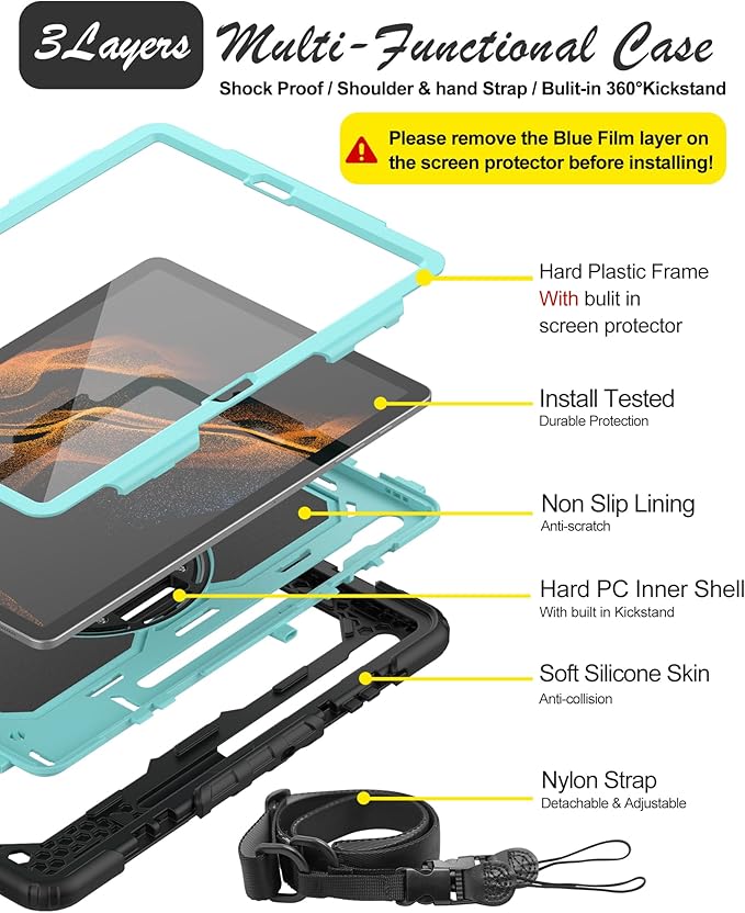 Case for Samsung Galaxy Tab S8 Plus 2022/S7 FE/S7 Plus 5G 12.4-inch Tablet Case Protective [with Screen Protector], Rotatable Kickstand, S Pen Holder, Hand/Shoulder Strap (SkyBlue)