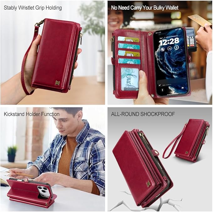 for iPhone 17 Pro Wallet Phone Case with 7 Card Holder,RFID Blocking | PU Leather | Kickstand | Flip | Wrist Strap&Shoulder Strap | Shockproof | Zipper Wallet | Women Men | 6.3" | Red