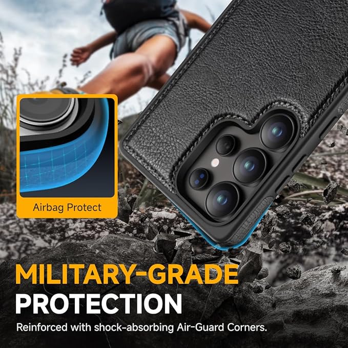 for Galaxy S25 Ultra Leather Case, Built-in Foldable Alloy Stand, with Camera Lens and Screen Protector, Slim Shockproof Kickstand Phone Cover 2025 (Black)