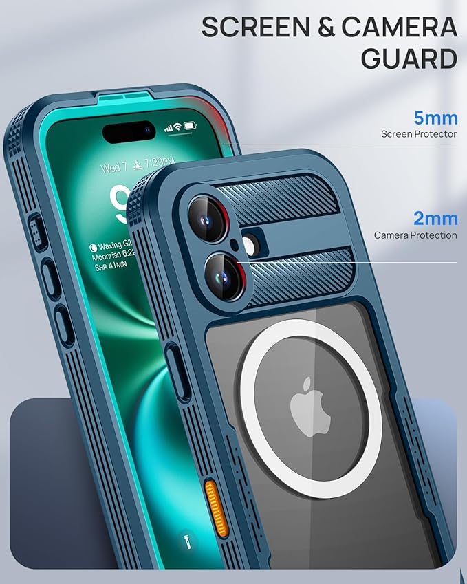 Lanhiem Magnetic for iPhone 16 Plus Case, IP68 Waterproof Dustproof Case, [Compatible with Magsafe] [Built-in Screen Protector] Full Body Heavy Duty Rugged Phone Cover 6.7 inch, Blue/Clear