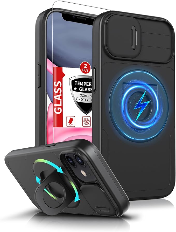 for iPhone XR Case/for iPhone 11 Case Compatible with MagSafe Magnetic,with 2 Screen Protector,with Camera Cover&Kickstand Ring,Military Grade Drop Shockproof Heavy Duty Protection Phone Black