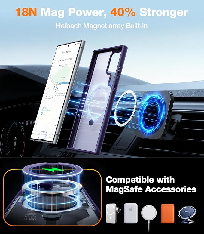 TORRAS 360°Spin Magnetic Stand for Samsung Galaxy S24 Ultra Case, Compatible with Magsafe, Shockproof Military Grade Protective Slim Galaxy S24 Ultra Phone Case with Kickstand & Ring Holder, Purple