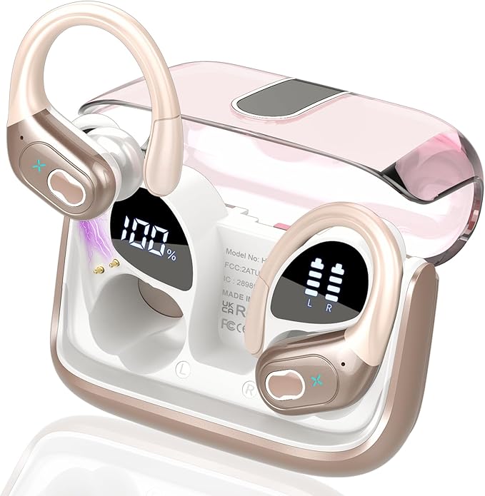 Wireless Earbuds 75hrs Bluetooth 5.4 Headphone Sport, 2025 Bluetooth Earbuds Stereo Deep Bass Over Ear Bud with Earhooks, ENC Noise Cancelling Mic, IPX7 Waterproof Earphone Rose Gold