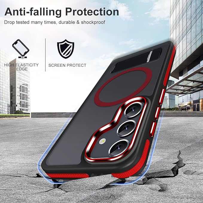 for Galaxy S25+ Plus Case with Invisible Stand, [Military Drop Protection] Semi-Transparent S25 Plus Phone Case Compatible with Magsafe, Anti-Slip Cover Galaxy S25+ Magnetic Case (Black/Red)