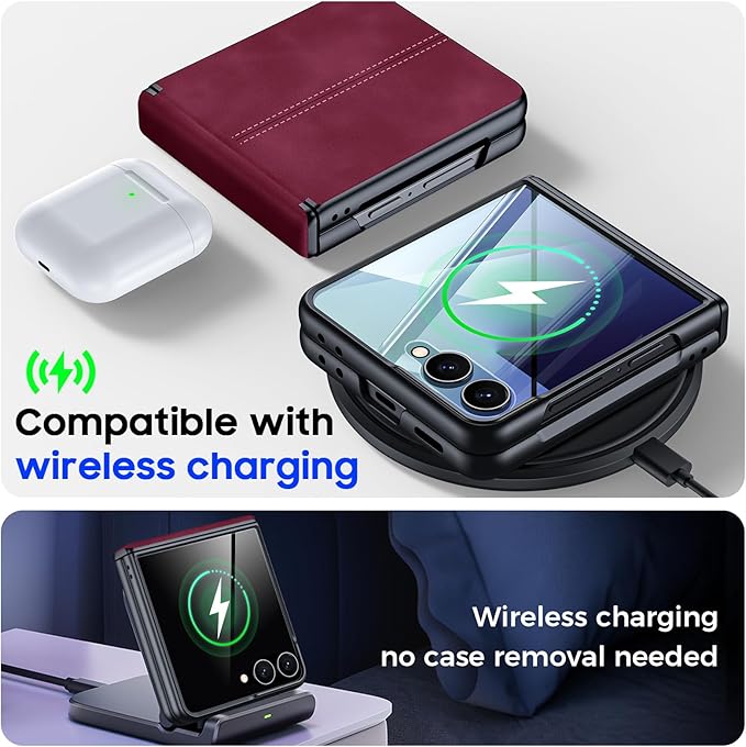 for Samsung Galaxy Z Flip 7 Case with Hinge Protection & Built-in Screen Protector, Ultra Thin Stylish Leather Matte PC Durable Shockproof Cover Phone Case for Galaxy Z Flip 7-Red