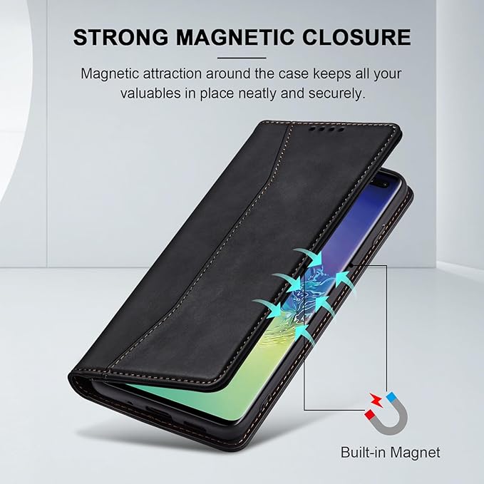 Jasonyu Flip Wallet Case for Samsung Galaxy S10 Plus,Leather Magnetic Folio Cover with Card Holder,Kickstand - TPU Shockproof Durable Protective Phone Case,Black