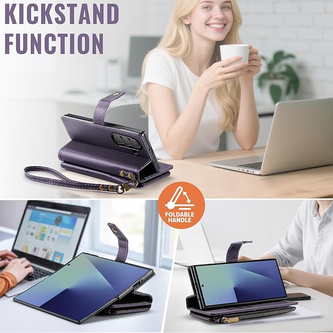 Vinich for Samsung Galaxy Z Fold 7 Wallet Case with Card Holder, Detachable Strap RFID Blocking Credit Slots Kickstand Shockproof Phone Cover for Women Men, Purple