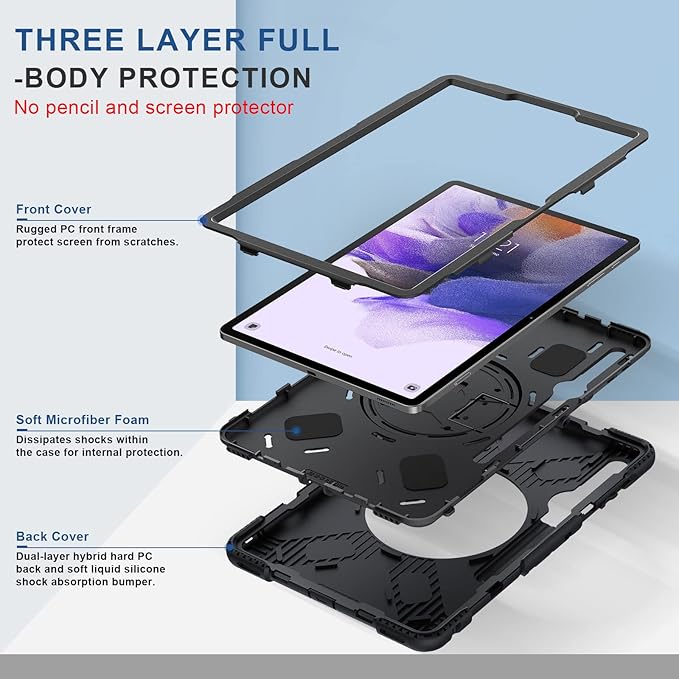SUPFIVES Case for Samsung Galaxy Tab S7 FE/ S8 Plus 12.4 Inch: [Upgraded Military Grade] Full-Body Rugged Protective Soft Silicone Cover - Kick Stand- Handle/Shoulder Strap- S Pen Holder- Black
