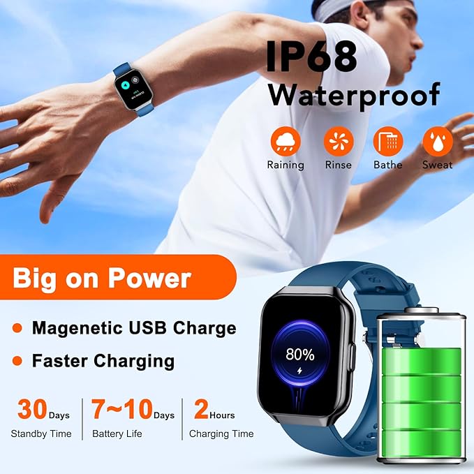 Smart Watch, 1.96" TFT-LCD Smartwatch for Men Women IP68 Waterproof, 110+Sport Modes, Fitness Activity Tracker, Heart Rate Monitor Sleep Step Counter for Android iPhone, Midnight Blue