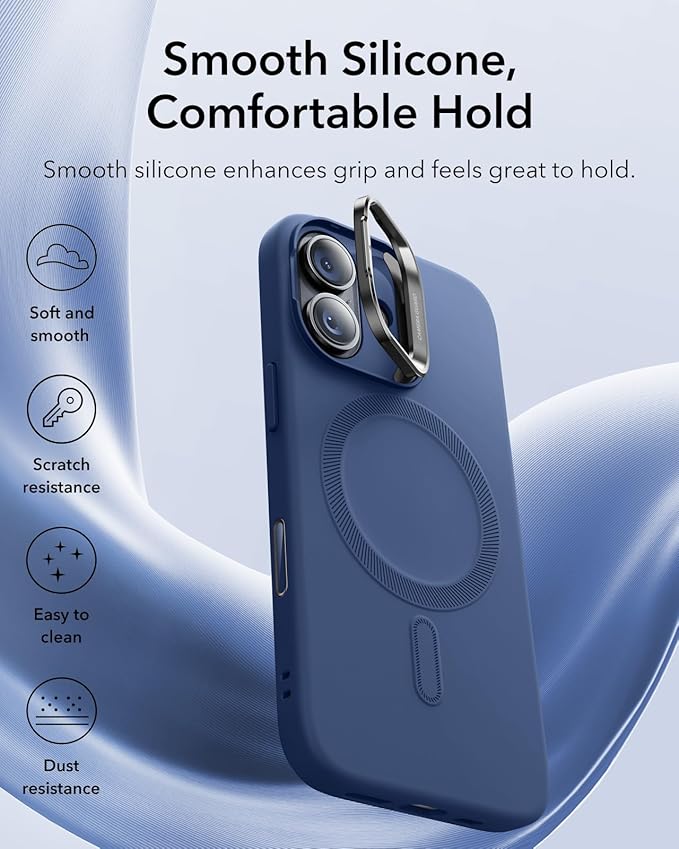 ESR Silicone Case for iPhone 17, Built-in Camera Stash Stand Compatible with MagSafe, Military-Grade Drop Protection Magnetic Phone Case for iPhone 17, Cloud Series, Navy Blue