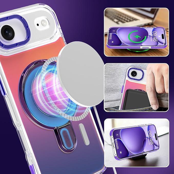 MOWIME Magnetic for iPhone Air Case with Stand [Compatible with Magsafe] [Cute Fashion Fluorescent Design] [1 Screen Protector] Slim Translucent Matte Case for iPhone Air 6.5" 2025, Purple