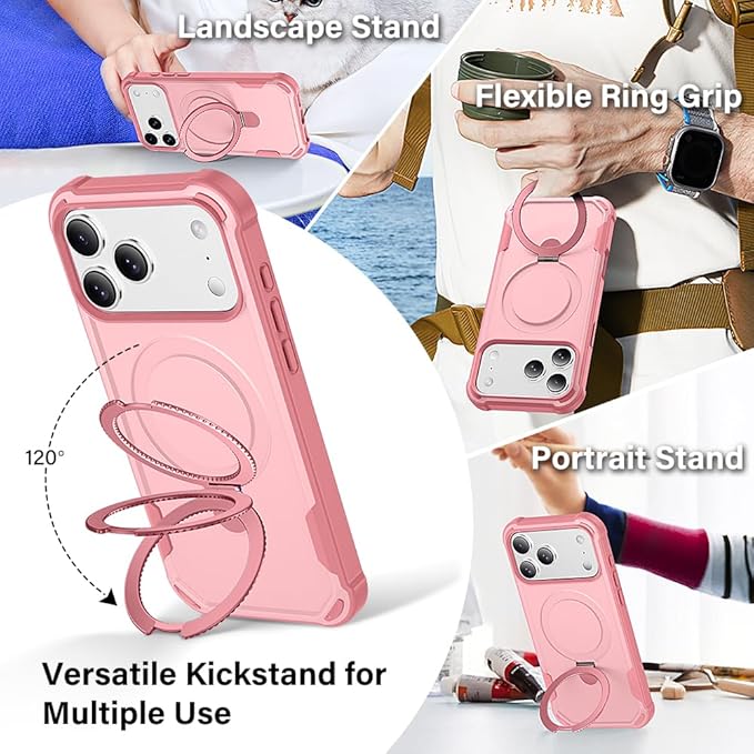 Designed for iPhone 17 Pro Case with Magnetic Stand [Military Drop Protection][Compatible with Magnet] Shockproof 17 Pro Phone Case with Ring Holder, Pink