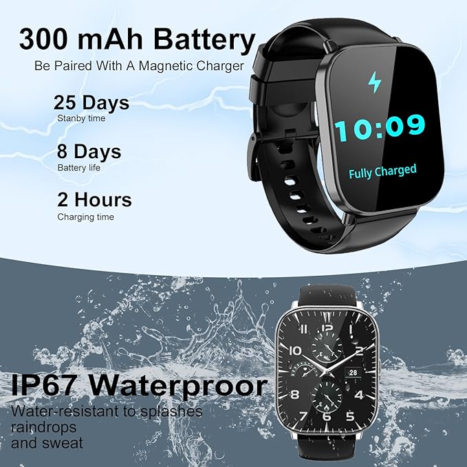 Smart Watch for Men and Women, 2.01-inch HD Touch Screen, 120+ Sports Modes/IP67 Waterproof/Heart Rate/Sleep Monitoring (Answer/Make Calls), for Android/iOS (Black)