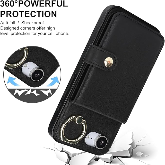 Compatible iPhone 16e Wallet Case with Card Holder RFID Blocking PU Leather Doubles as a Wallet Unisex Flip Shockproof Protection with Card Slots Ring Wrist Kickstand Function,Black