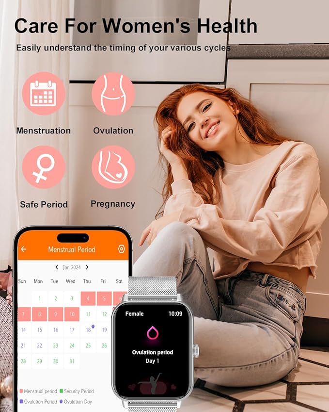 Smart Watch for Women with Bluetooth Call Answer/Dail,1.85" DIY Dial Fitness Watch with Heart Rate Sleep Monitor Step Counter 120+ Sports Modes Waterproof Women's Smart Watch for Android iOS (Silver)