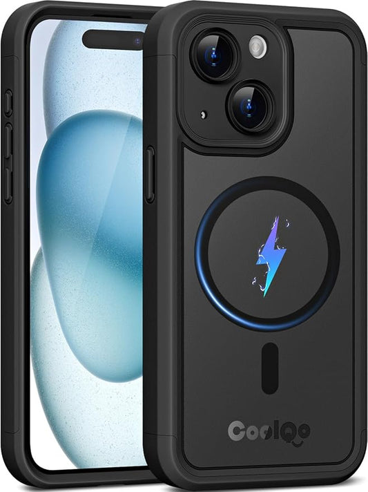 COOLQO Magnetic for iPhone 15 Case, Compatible with MagSafe, Dual Layer Design Military Grade Protection, Translucent Matte Scratch-Resistant Back Protective Shockproof Phone Case, Black
