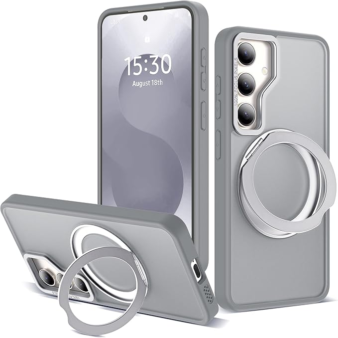 for Samsung Galaxy S25 Plus Case with 360°Rotatable Magnetic Ring Stand Compatible with Mag-Safe Military Protection Shockproof Matte Translucent Phone Cases for Galaxy S25+,Gray