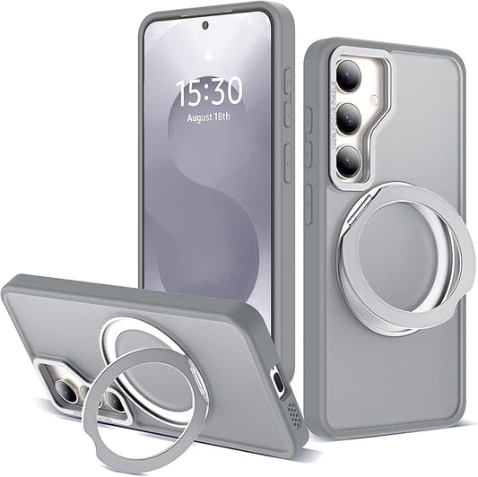for Samsung Galaxy S25 Plus Case with 360°Rotatable Magnetic Ring Stand Compatible with Mag-Safe Military Protection Shockproof Matte Translucent Phone Cases for Galaxy S25+,Gray
