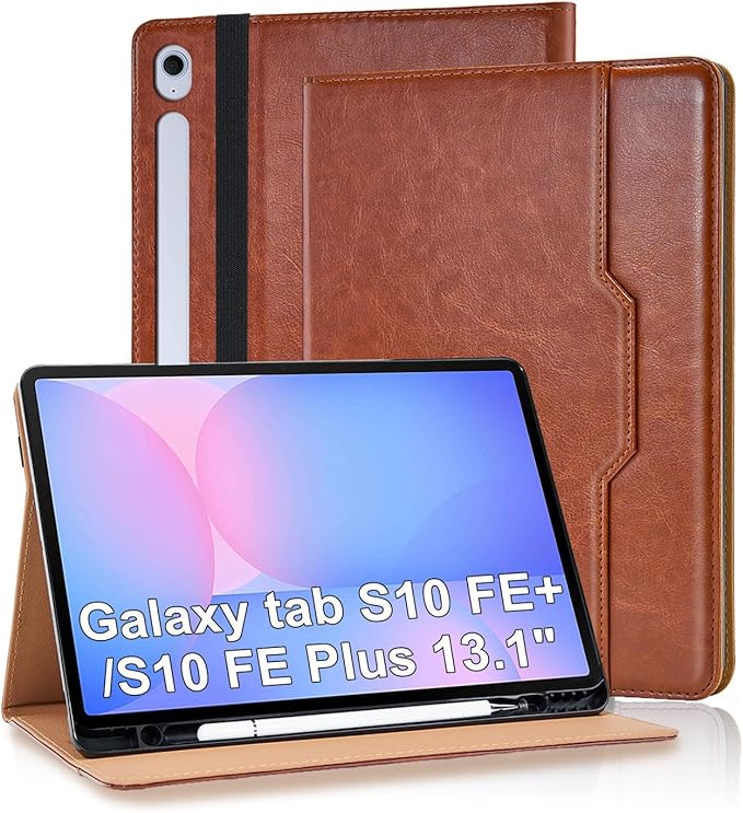 Case for Samsung Galaxy S10 Fe Plus 13.1 inch with S Pen Holder, PU Leather with Hand Strap Folio Flip Cover for Galaxy S10 FE+ with Pockets Auto Sleep/Wake for Man Woman, Brown